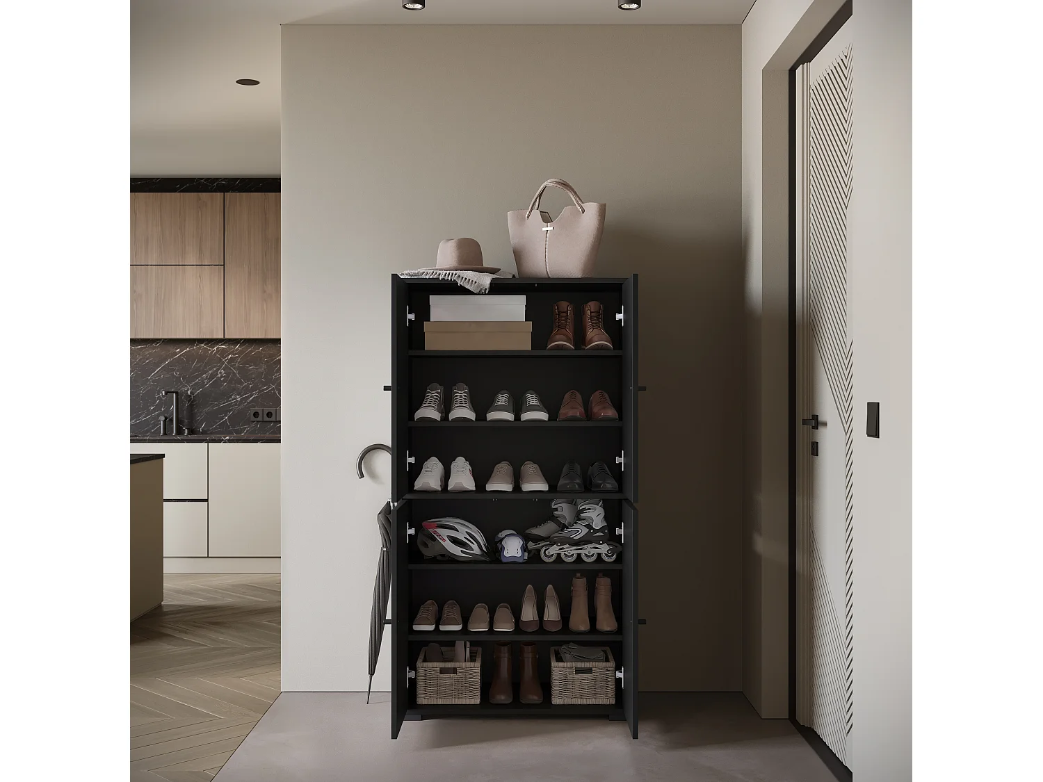 Meuble à chaussures moderne haut et spacieux avec portes basculantes noir