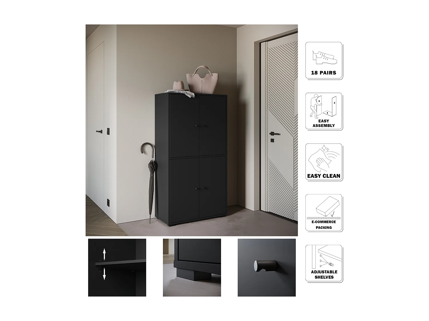 Meuble à chaussures moderne haut et spacieux avec portes basculantes noir
