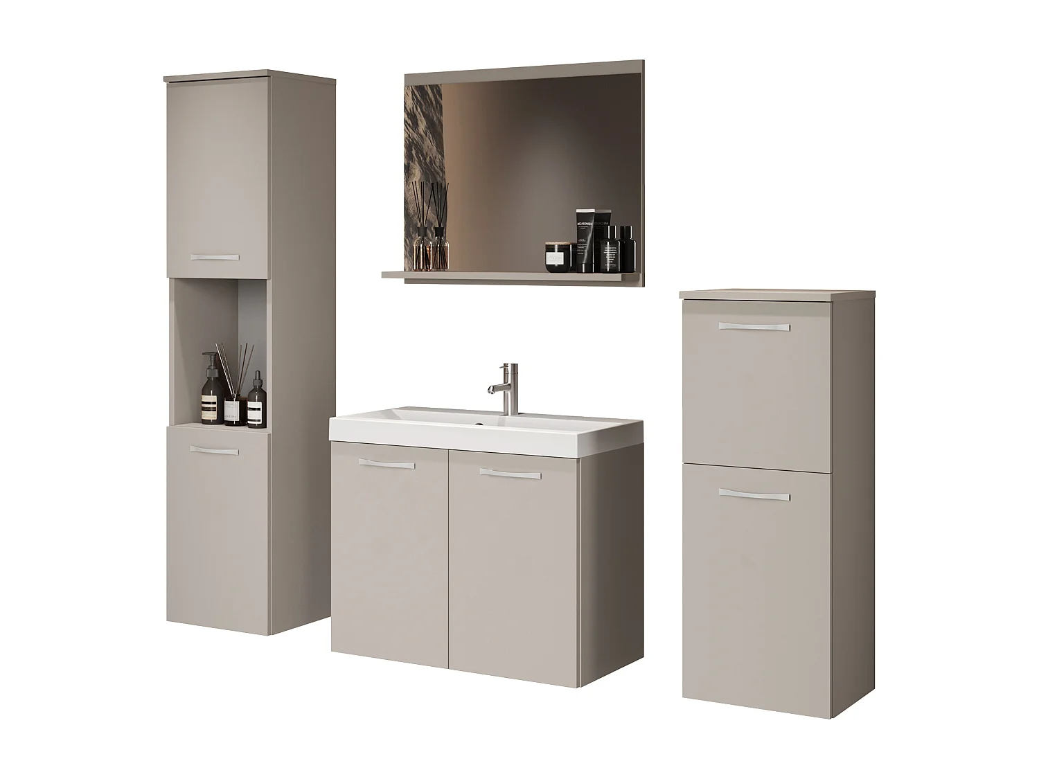 Ensemble de salle de bain suspendu avec lavabo, miroir et colonnes cachemire mat