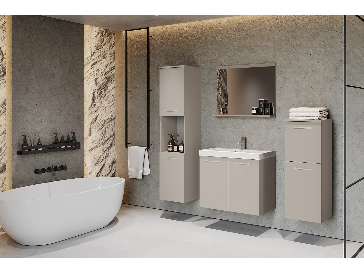Ensemble de salle de bain suspendu avec lavabo, miroir et colonnes cachemire mat