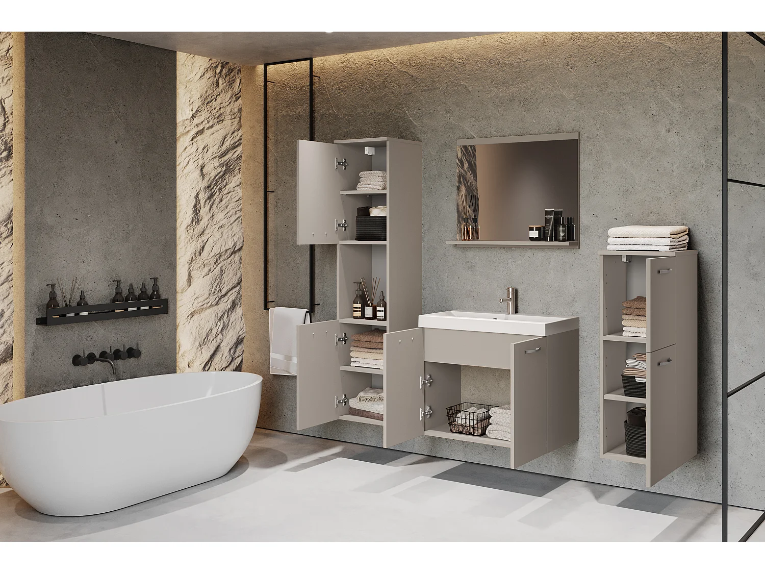 Ensemble de salle de bain suspendu avec lavabo, miroir et colonnes cachemire mat