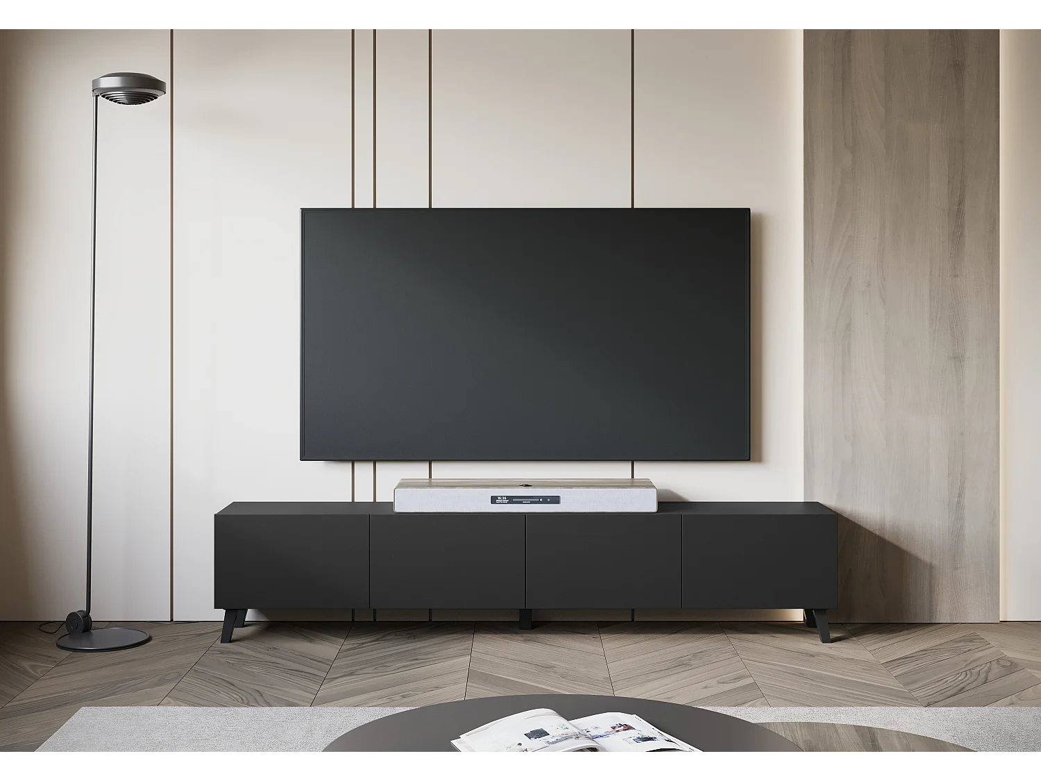 Moderner 190 cm TV-Ständer auf schwarzen Graphitbeinen für Wohnzimmer - Aufbewahrungslösungen, Elegantes Design