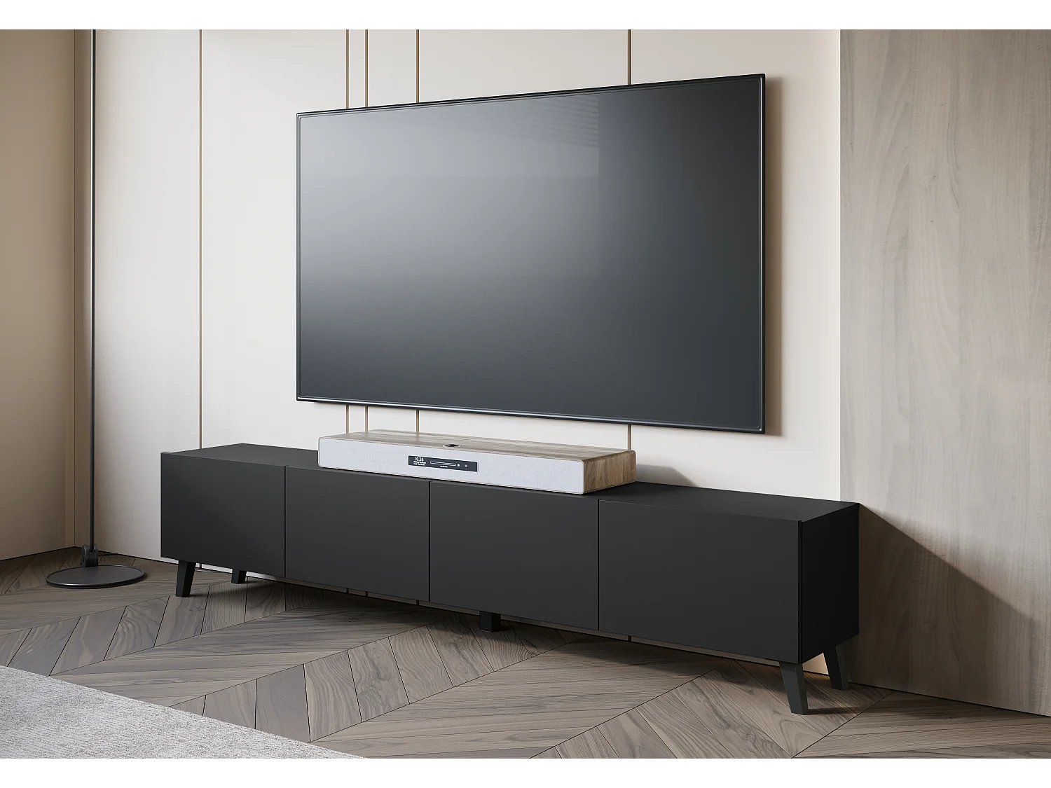 Moderner 190 cm TV-Ständer auf schwarzen Graphitbeinen für Wohnzimmer - Aufbewahrungslösungen, Elegantes Design