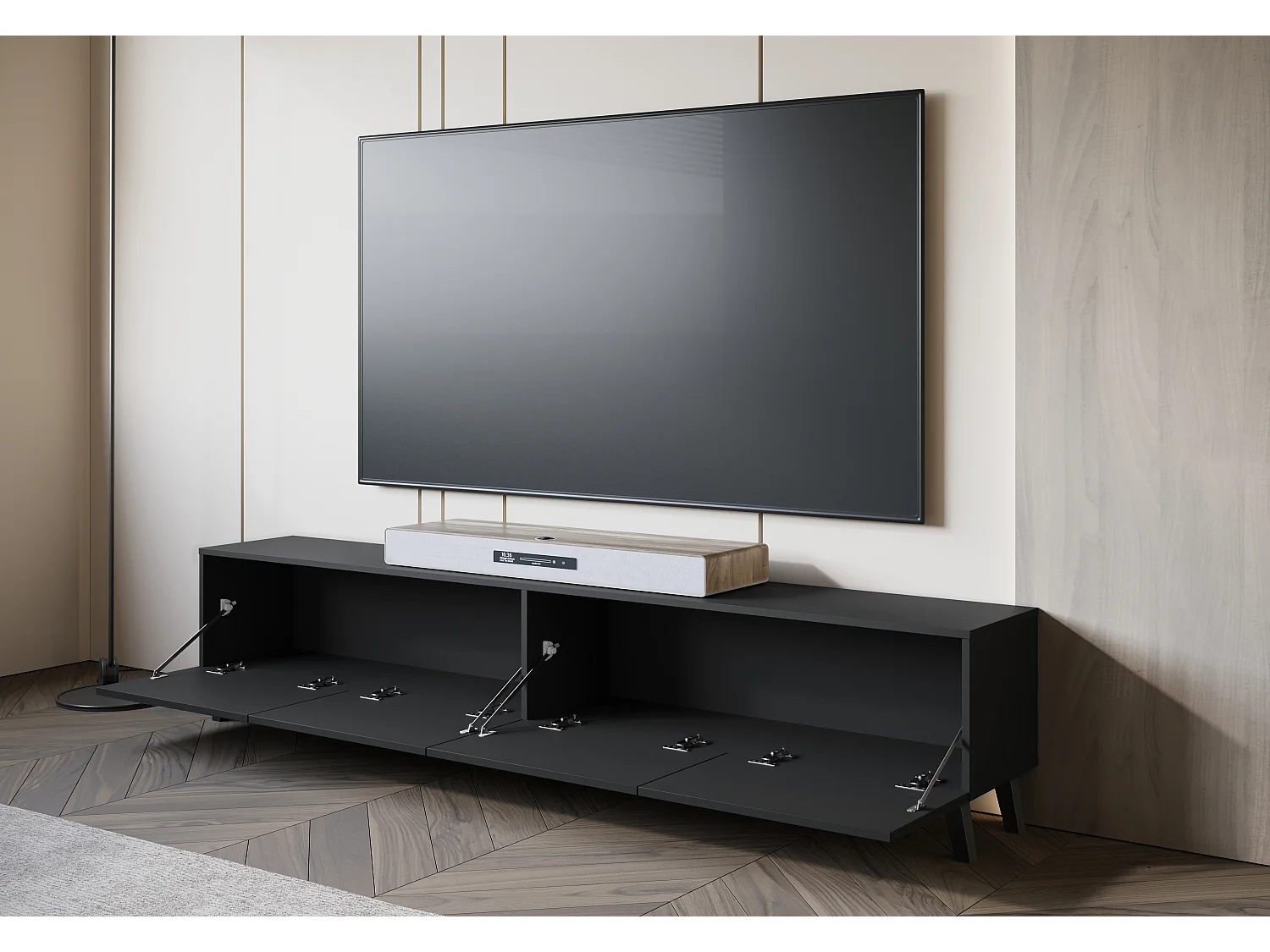 Moderner 190 cm TV-Ständer auf schwarzen Graphitbeinen für Wohnzimmer - Aufbewahrungslösungen, Elegantes Design