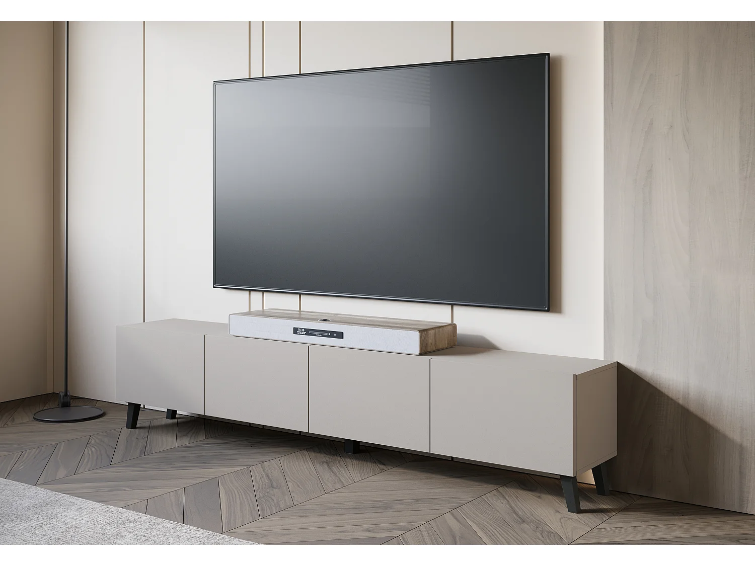 Meuble TV moderne 190 cm sur pieds pour salon beige cachemire