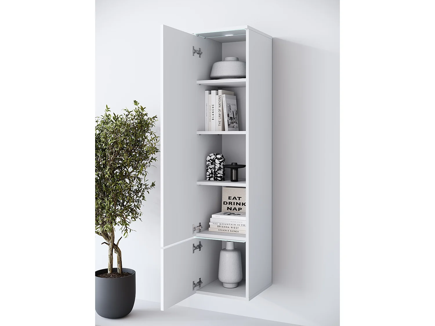Vitrine haute moderne avec éclairage LED blanc / blanc brillant