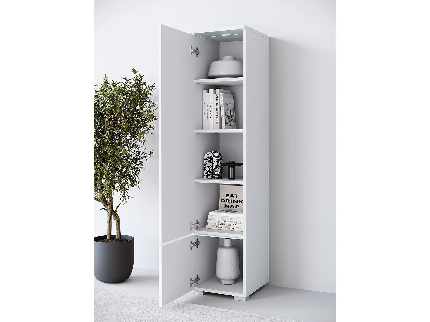 Vitrine haute moderne avec éclairage LED blanc / blanc brillant