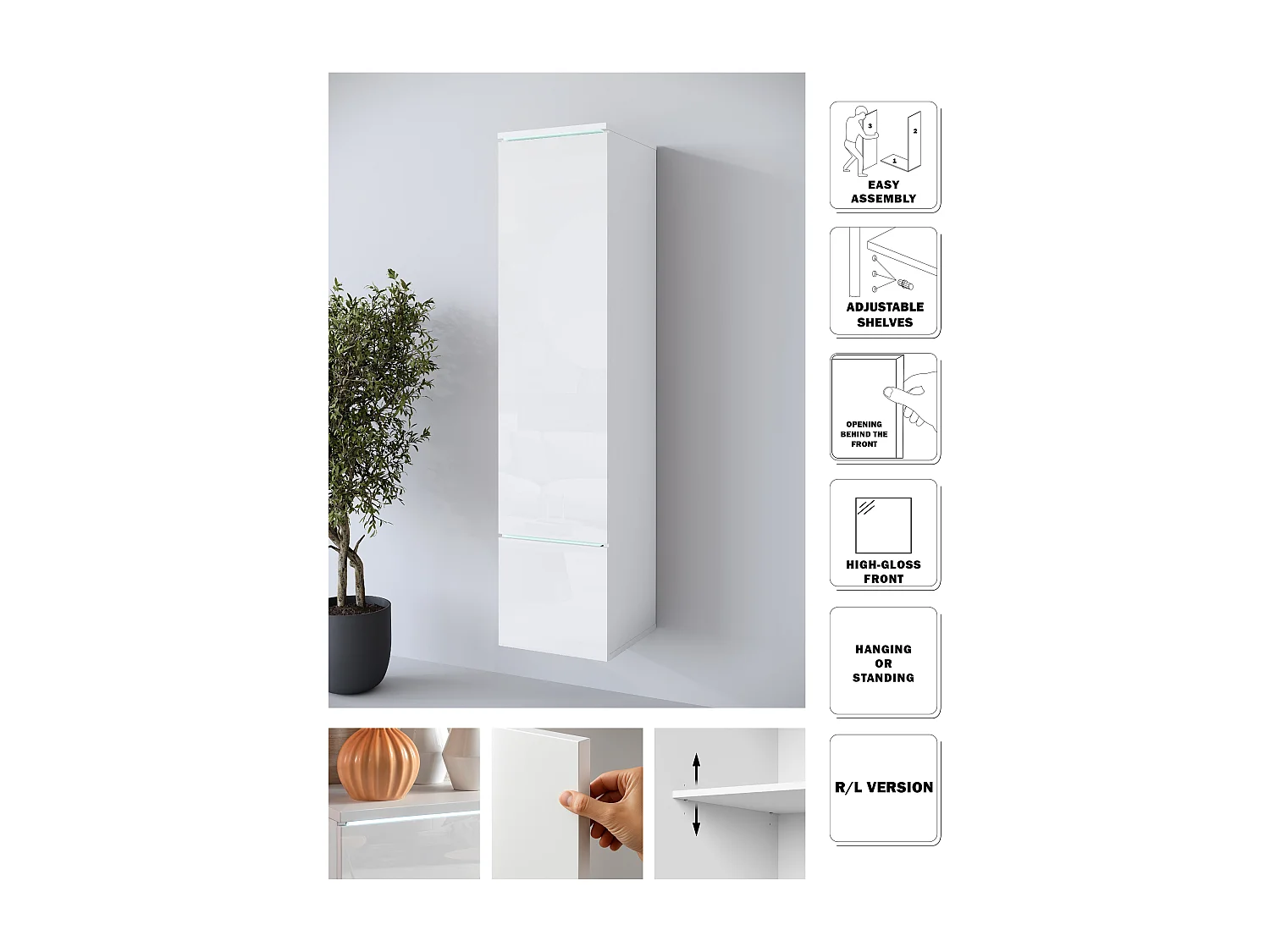Vitrine haute moderne avec éclairage LED blanc / blanc brillant