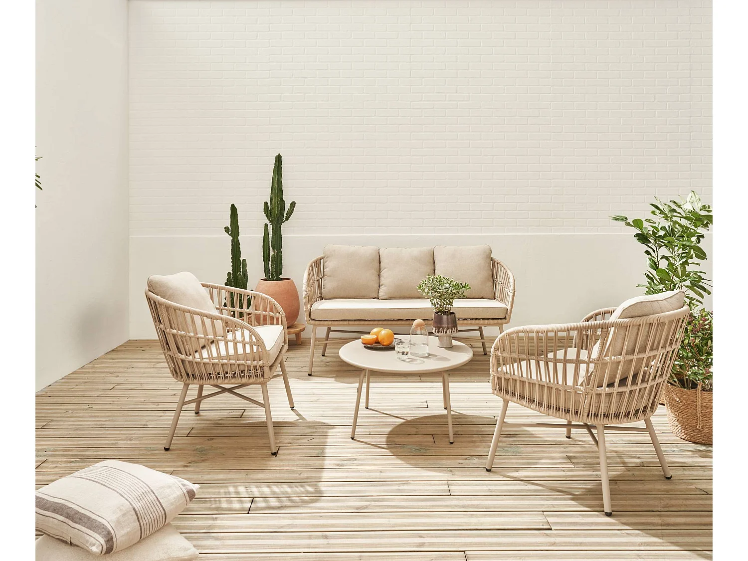 Salotto da giardino in corda, 4 posti, beige