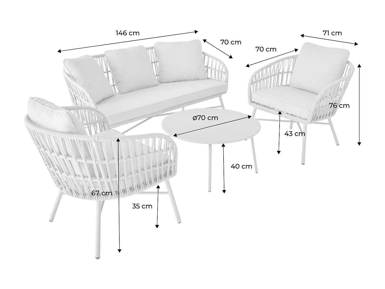 Salotto da giardino in corda, 4 posti, beige