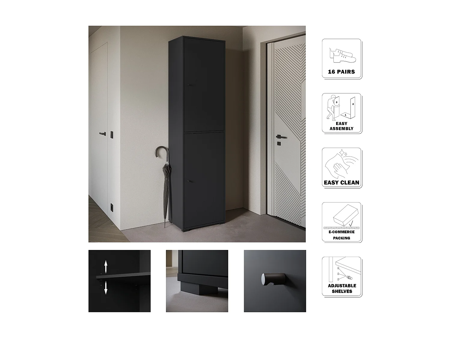 Meuble à chaussures haut et spacieux avec portes basculantes noir