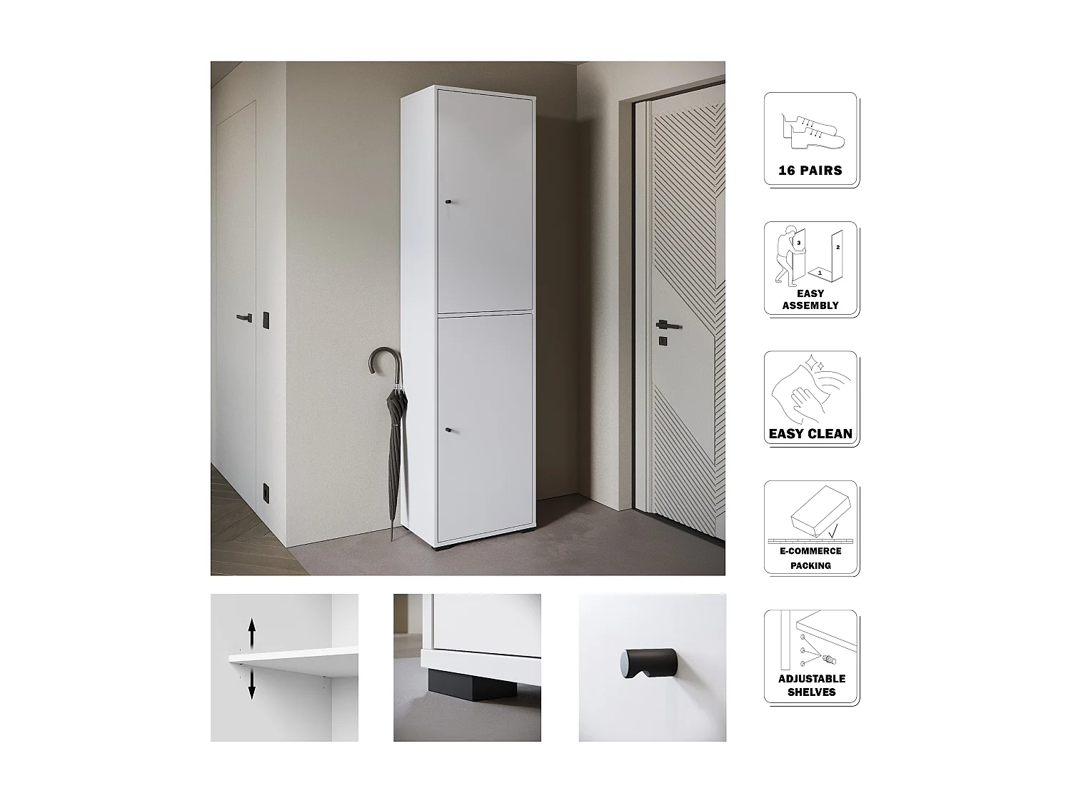 Meuble à chaussures haut et spacieux avec portes basculantes blanc