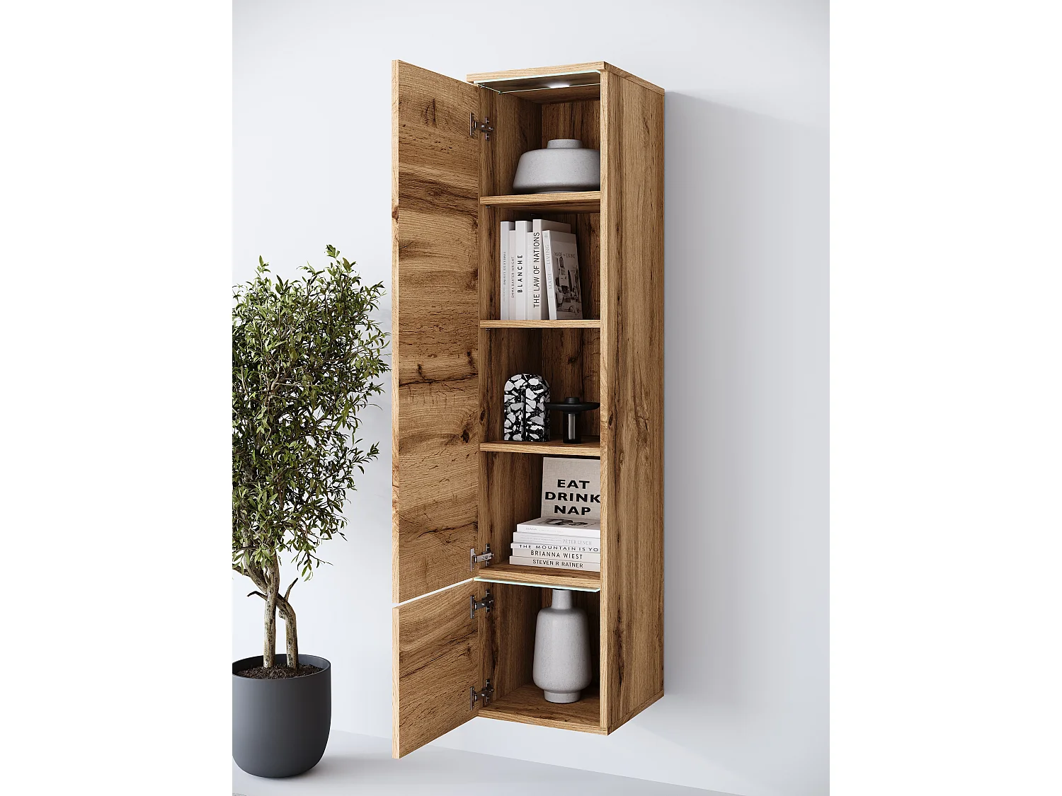 Vitrine haute moderne avec éclairage LED chêne wotan