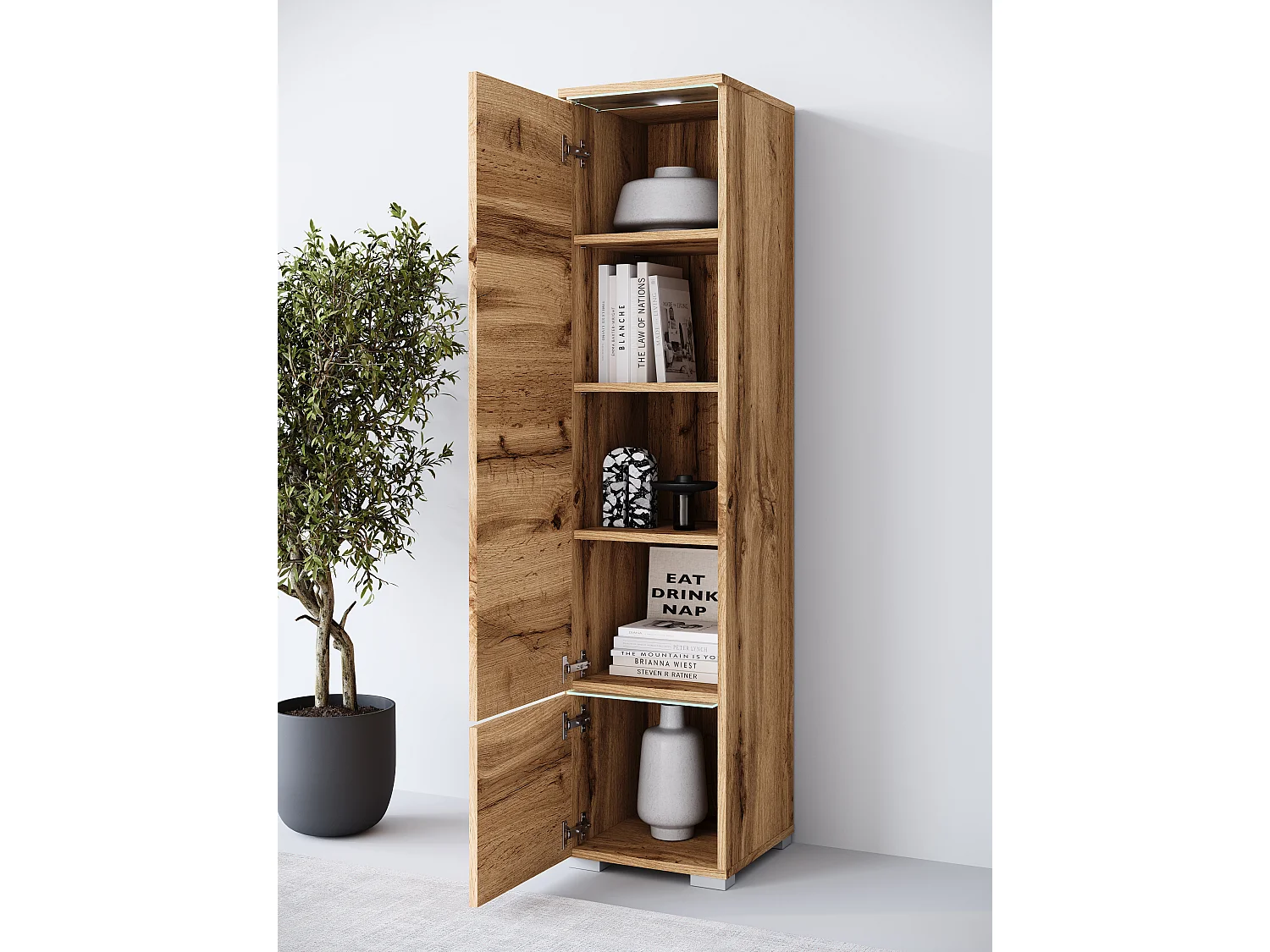 Vitrine haute moderne avec éclairage LED chêne wotan