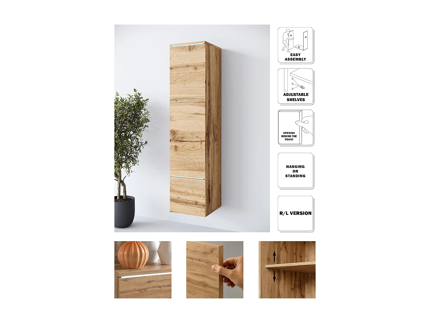 Vitrine haute moderne avec éclairage LED chêne wotan