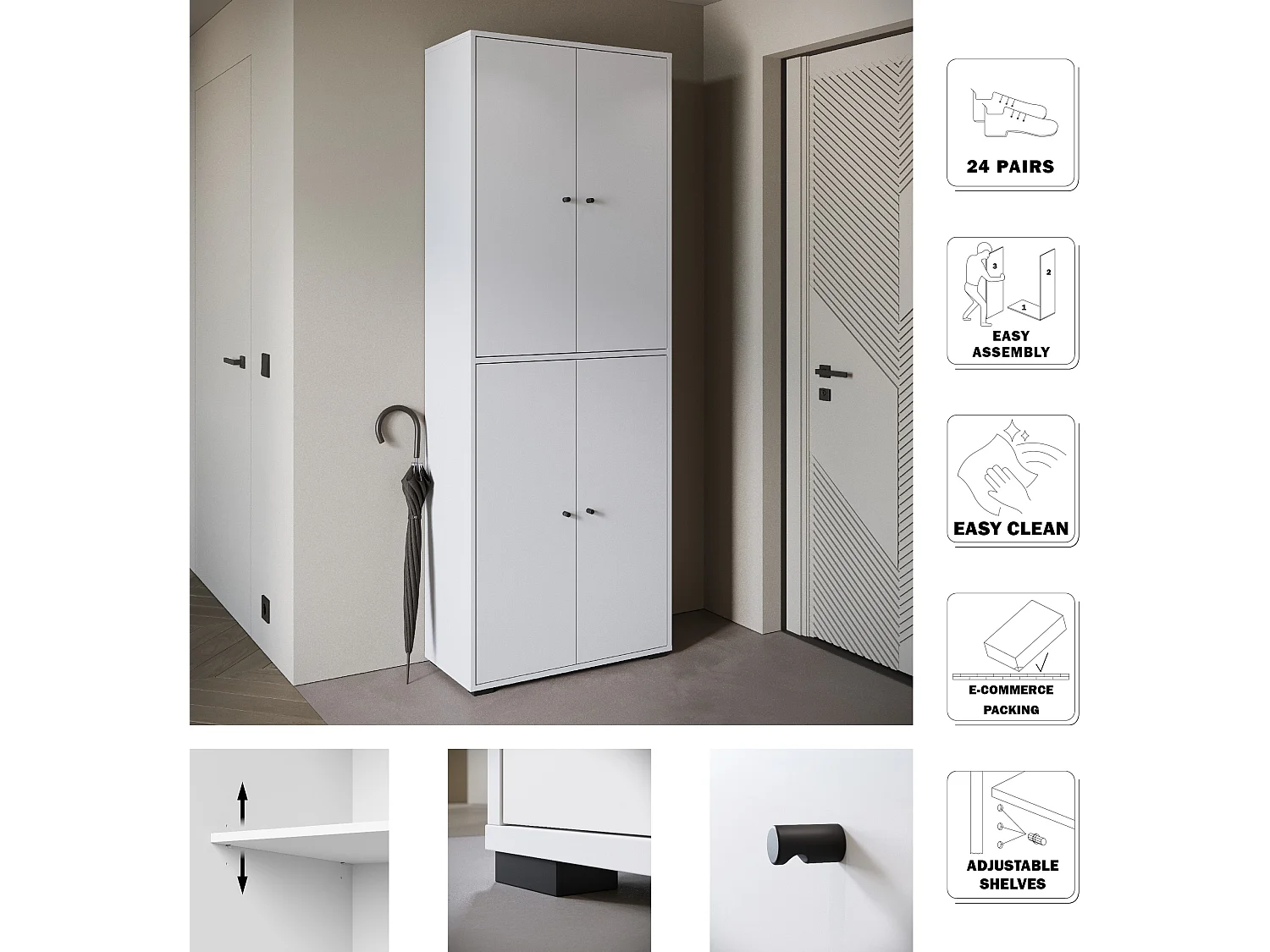 Meuble à chaussures haut et spacieux avec portes basculantes blanc