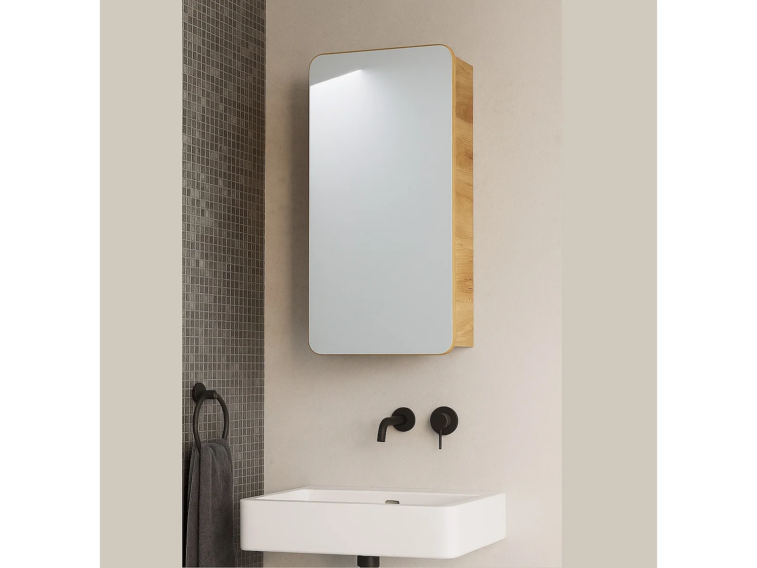 Bathroom Mirror Cabinet Mirrored Unit 400mm Wall Hung Narrow Slim Storage Oak Effect Aruba