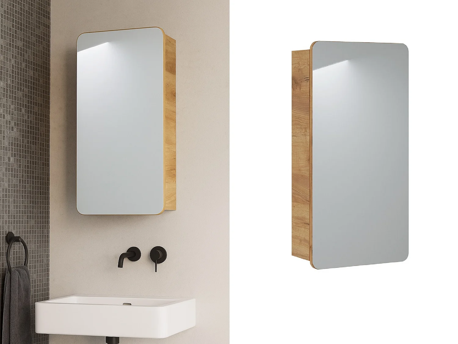 Bathroom Mirror Cabinet Mirrored Unit 400mm Wall Hung Narrow Slim Storage Oak Effect Aruba
