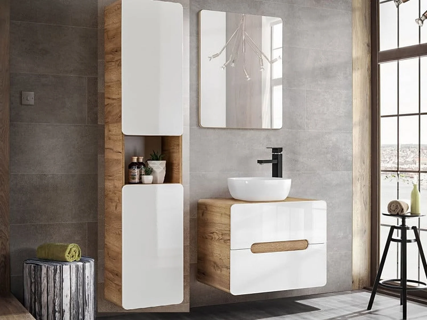 Bathroom Mirror Cabinet Mirrored Unit 400mm Wall Hung Narrow Slim Storage Oak Effect Aruba