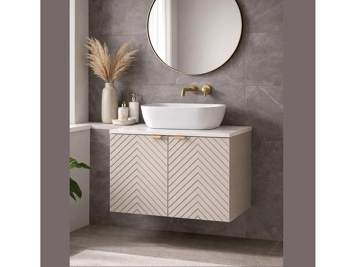 Vanity Unit with Sink 600mm White Countertop Beige Fluted Bathroom Wall Cabinet Cara