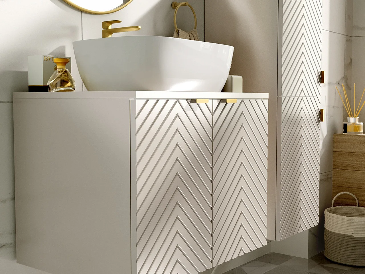 Vanity Unit with Sink 600mm White Countertop Beige Fluted Bathroom Wall Cabinet Cara