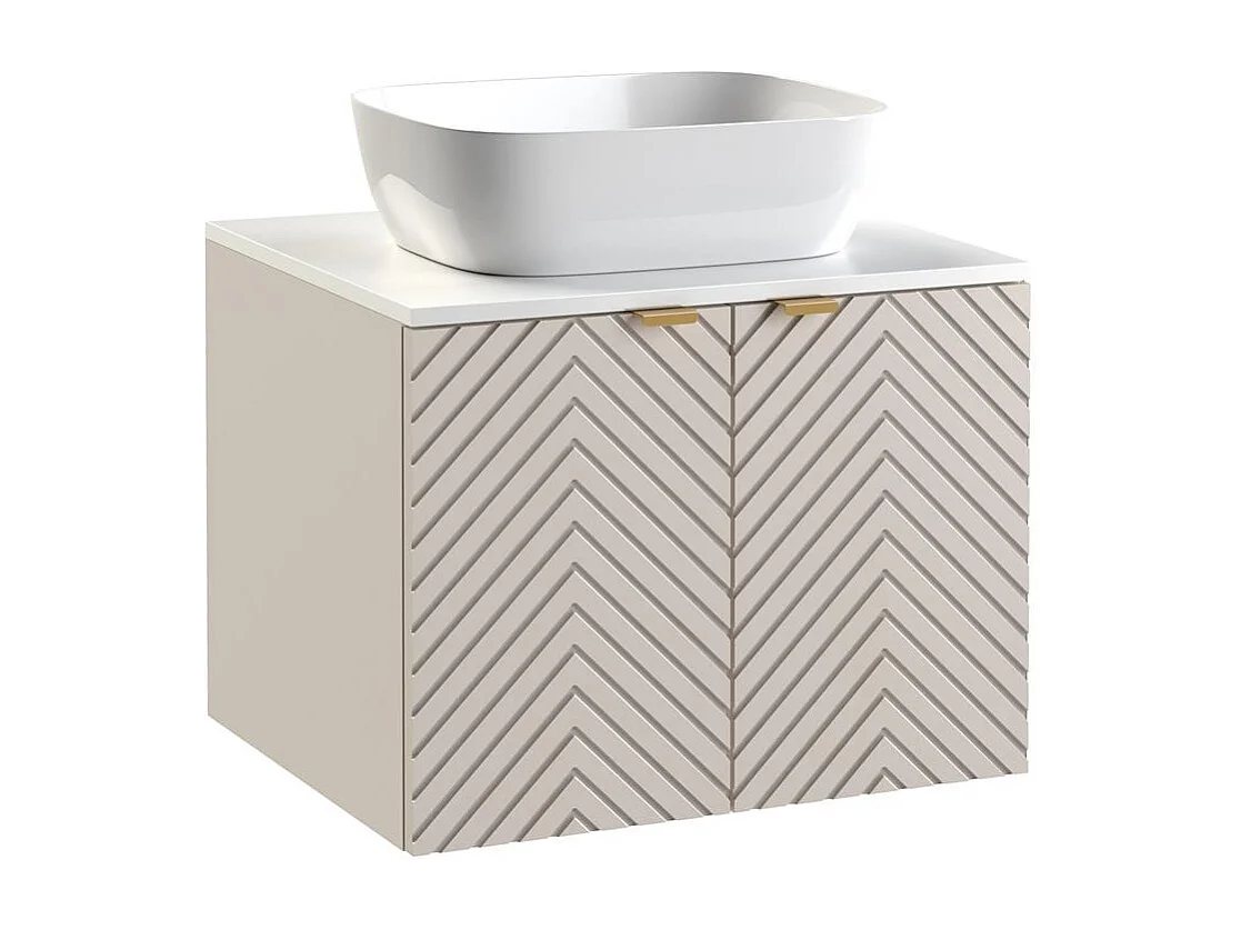 Vanity Unit with Sink 600mm White Countertop Beige Fluted Bathroom Wall Cabinet Cara