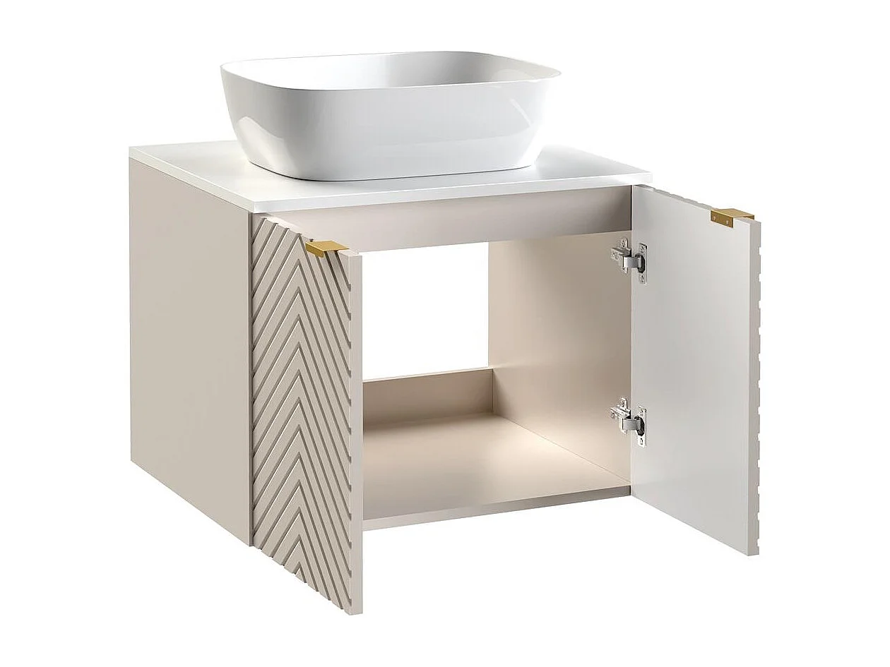 Vanity Unit with Sink 600mm White Countertop Beige Fluted Bathroom Wall Cabinet Cara