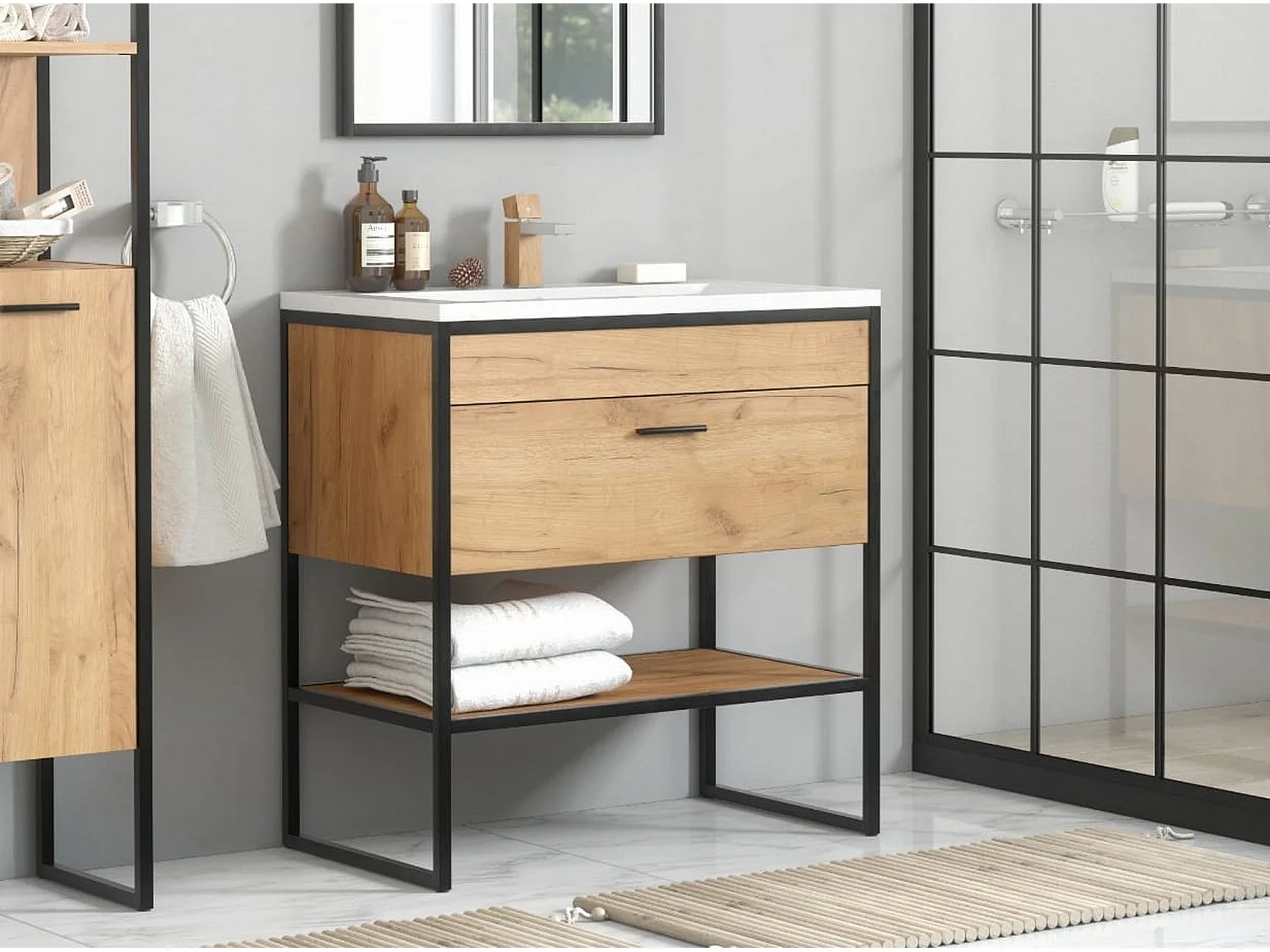 Freestanding Bathroom Vanity Unit with Basin 800mm Oak Cabinet with Loft Industrial Black Steel Frame Brook