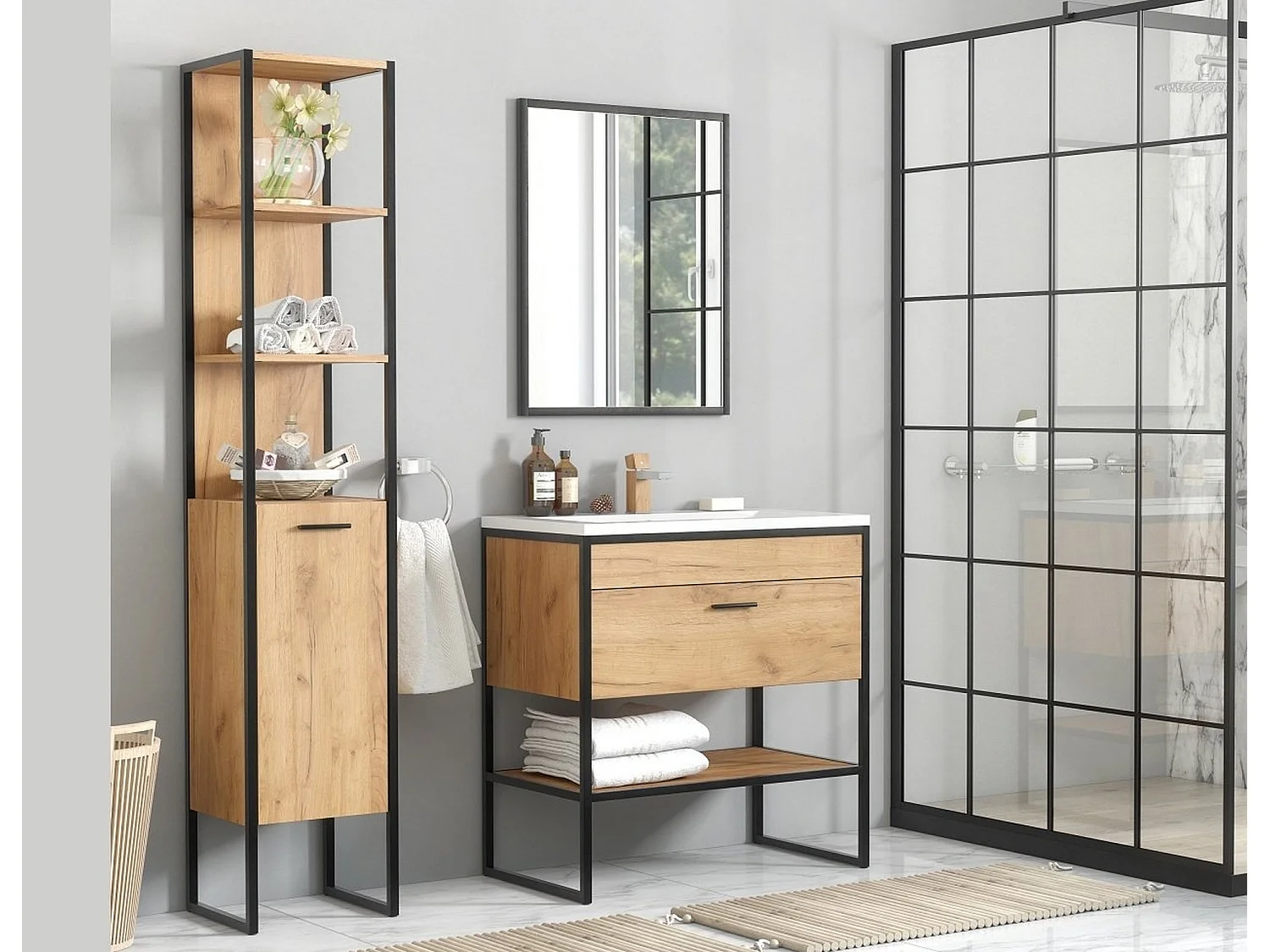 Freestanding Bathroom Vanity Unit with Basin 800mm Oak Cabinet with Loft Industrial Black Steel Frame Brook