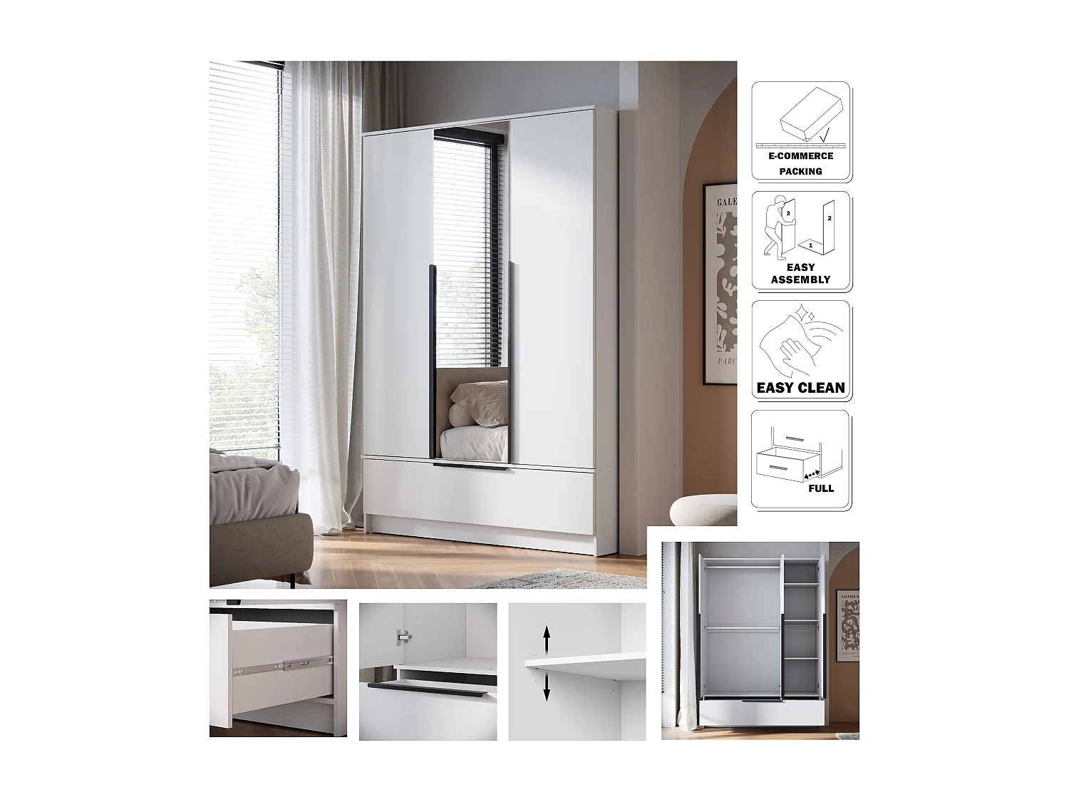 Ruime functionele 3-deurs kast met planken, hangrail en lade