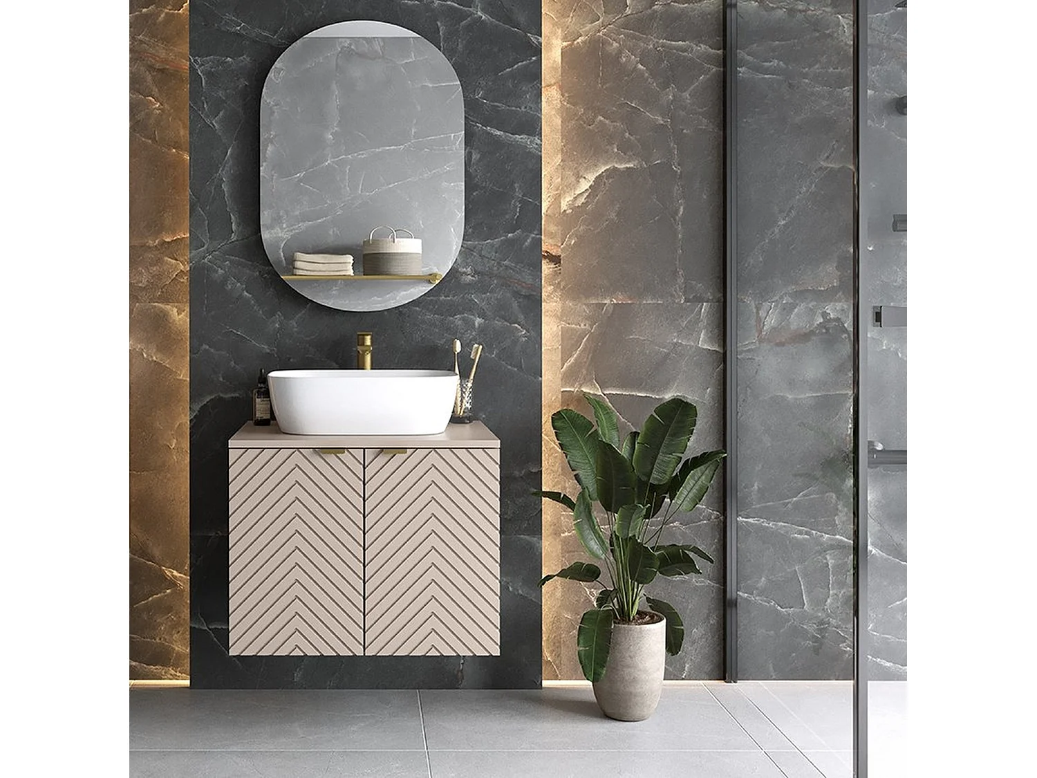 Vanity Unit with Basin 600mm Wall Hung Bathroom Sink Cabinet with Countertop Fluted Ribbed Beige Cashmere Cara