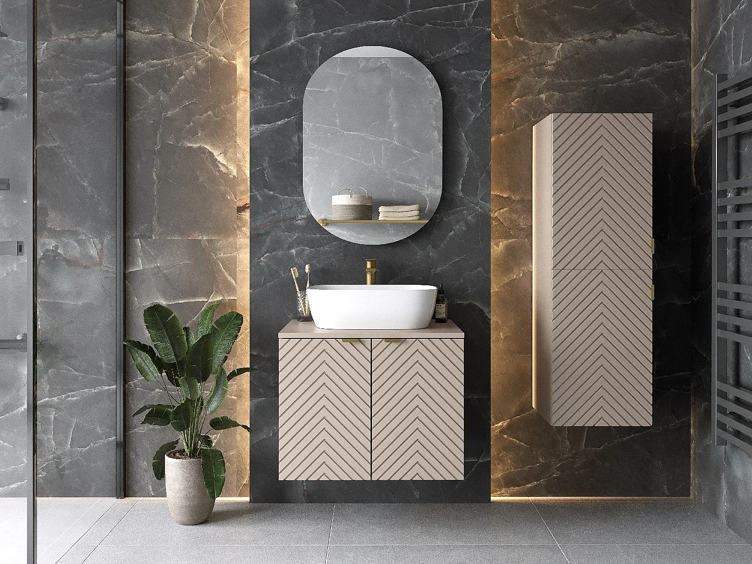 Vanity Unit with Basin 600mm Wall Hung Bathroom Sink Cabinet with Countertop Fluted Ribbed Beige Cashmere Cara
