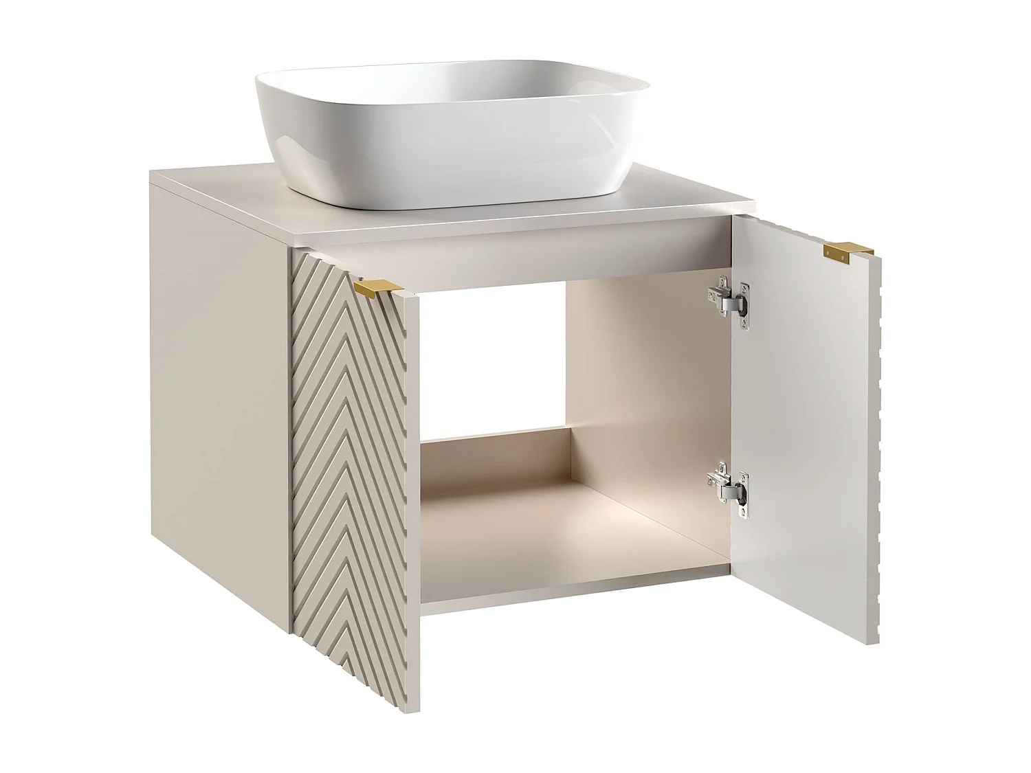 Vanity Unit with Basin 600mm Wall Hung Bathroom Sink Cabinet with Countertop Fluted Ribbed Beige Cashmere Cara