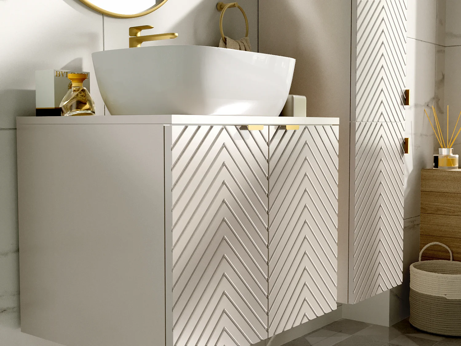 Vanity Unit with Basin 600mm Wall Hung Bathroom Sink Cabinet with Countertop Fluted Ribbed Beige Cashmere Cara