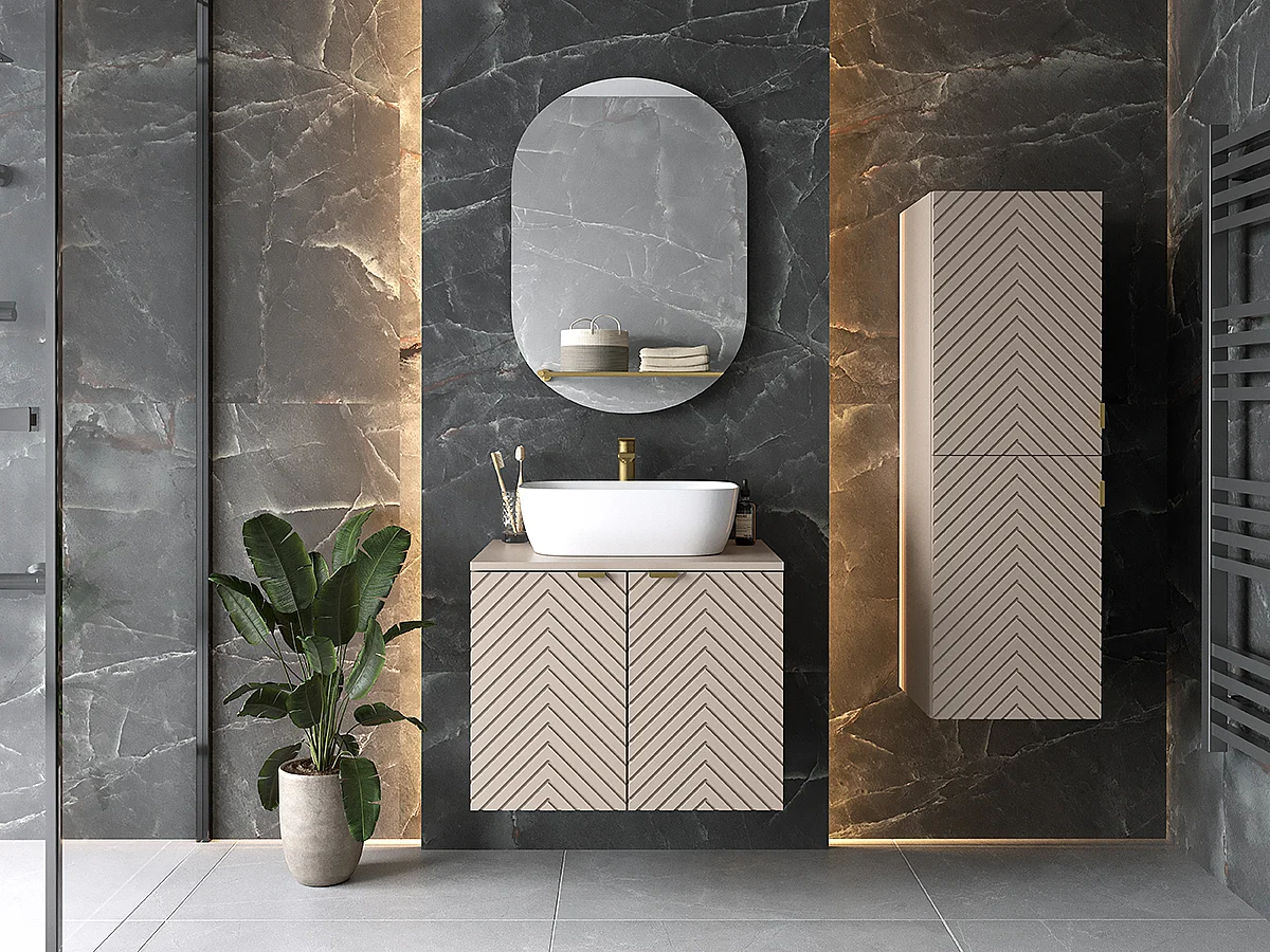 Vanity Unit with Basin 600mm Wall Hung Bathroom Sink Cabinet with Countertop Fluted Ribbed Beige Cashmere Cara