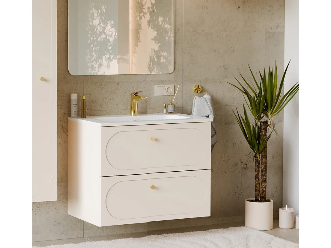 Bathroom Vanity Unit 600mm Cabinet with Sink Floating Milled Drawer Fronts Beige Gold Luxury Retro Donna