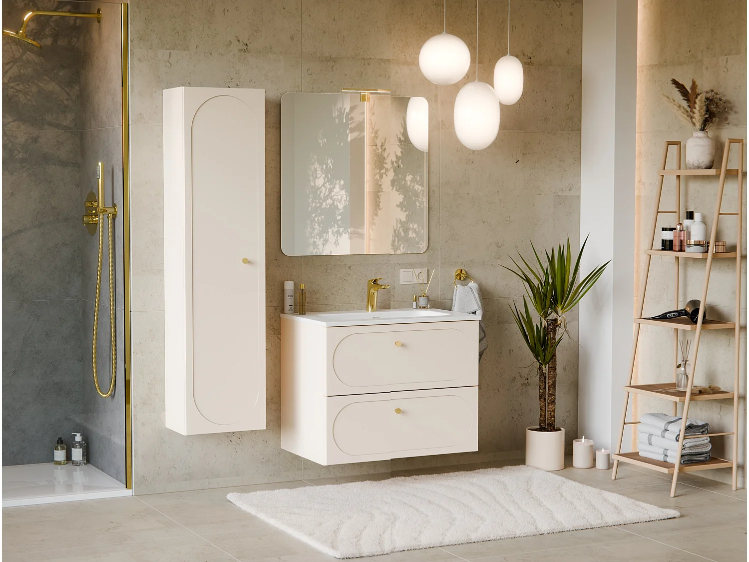 Bathroom Vanity Unit 600mm Cabinet with Sink Floating Milled Drawer Fronts Beige Gold Luxury Retro Donna