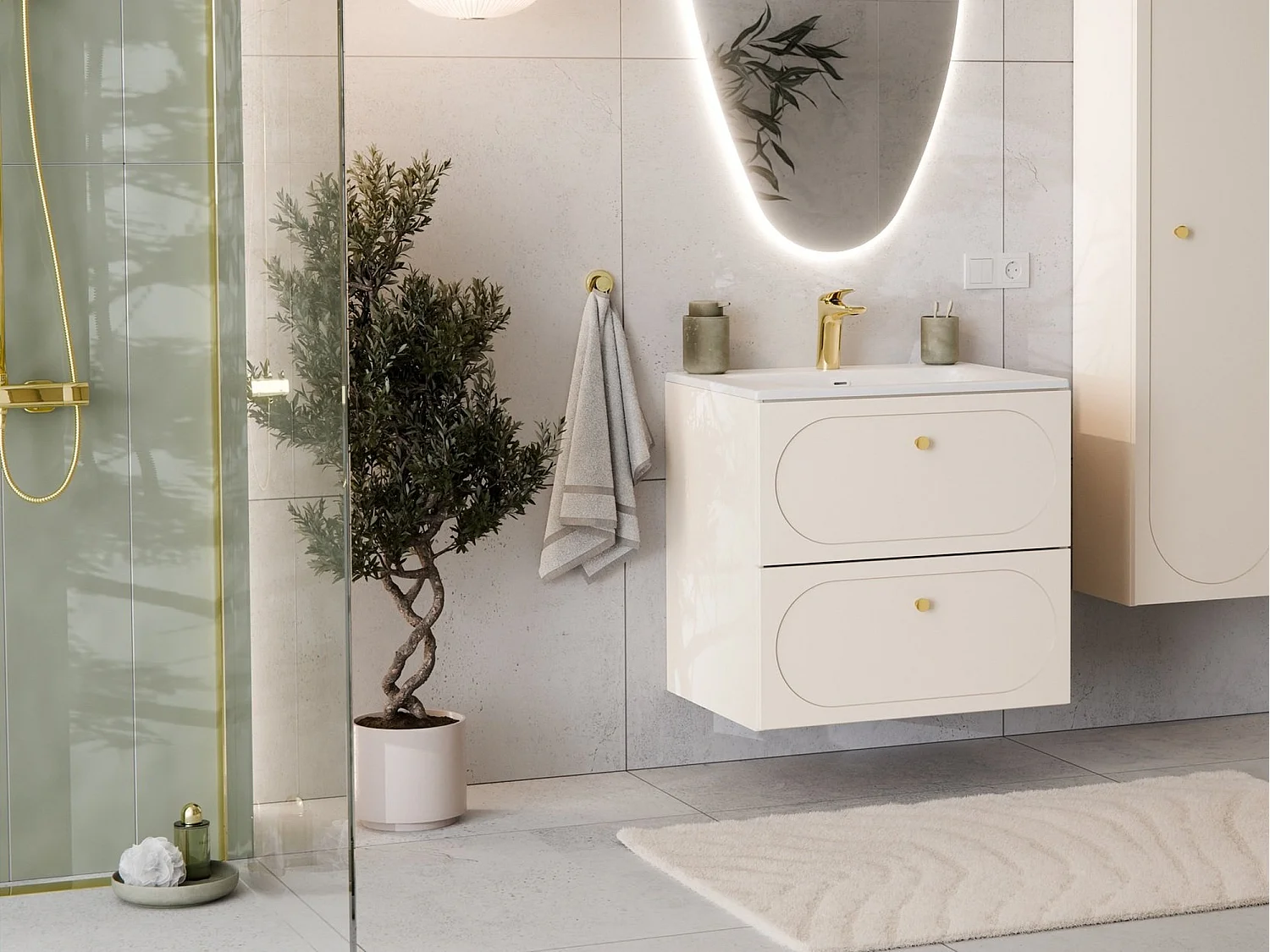 Bathroom Vanity Unit 600mm Cabinet with Sink Floating Milled Drawer Fronts Beige Gold Luxury Retro Donna
