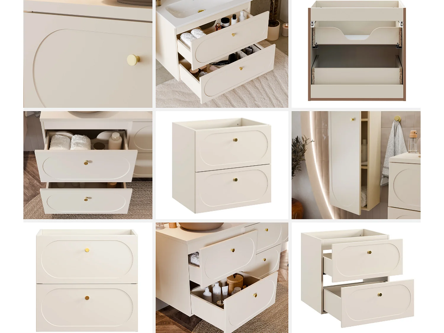 Bathroom Vanity Unit 600mm Cabinet with Sink Floating Milled Drawer Fronts Beige Gold Luxury Retro Donna
