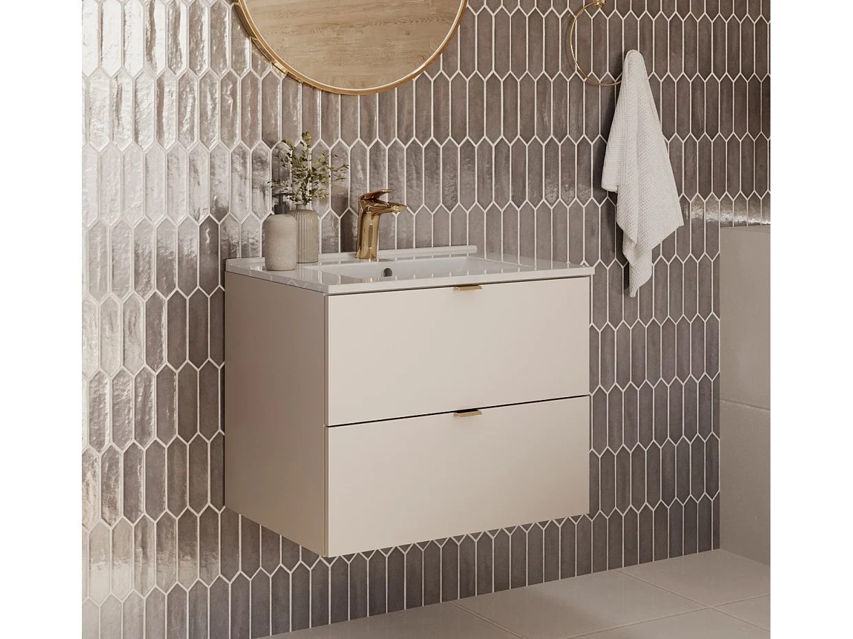Bathroom Vanity Unit with Sink 600mm Beige Wall Cabinet Floating 2 Drawer Cashmere Storage Dalia