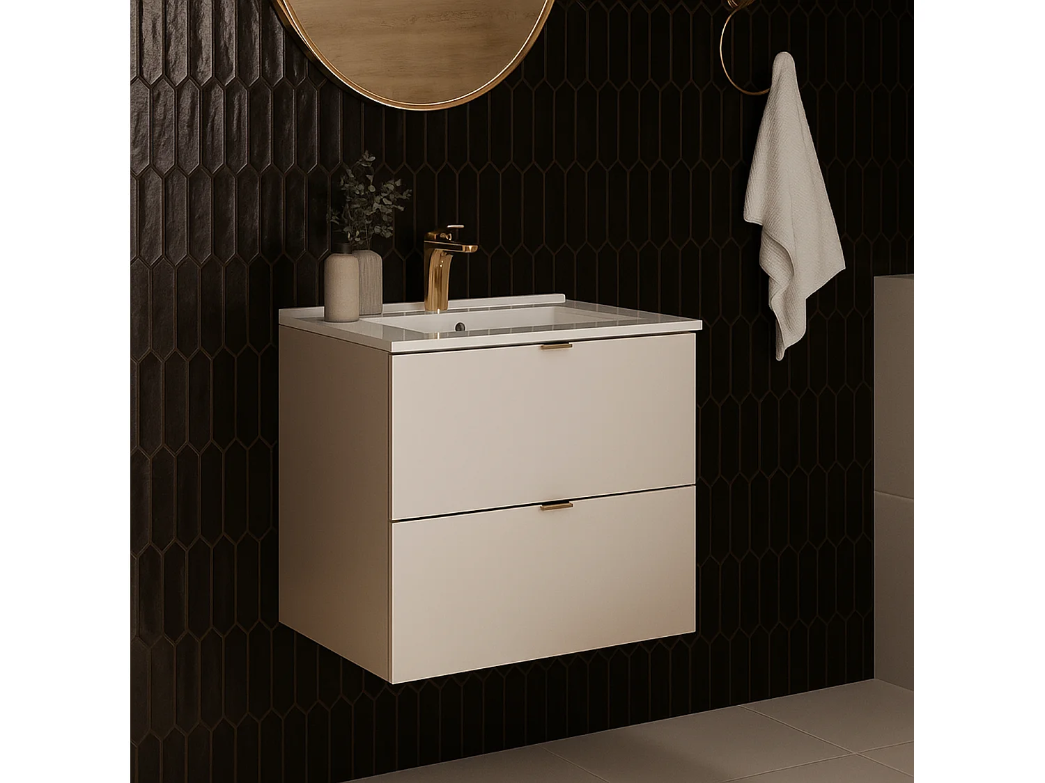 Bathroom Vanity Unit with Sink 600mm Beige Wall Cabinet Floating 2 Drawer Cashmere Storage Dalia