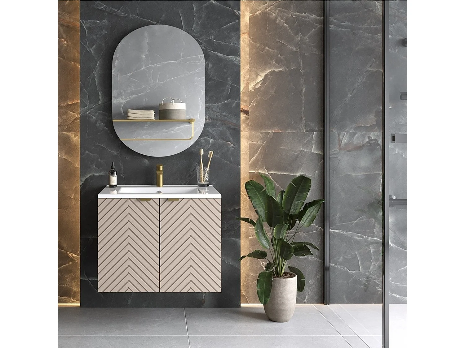 Vanity Sink Unit with Basin 600mm Bathroom Wall Hung Cabinet Fluted Beige Cashmere Modern Cara