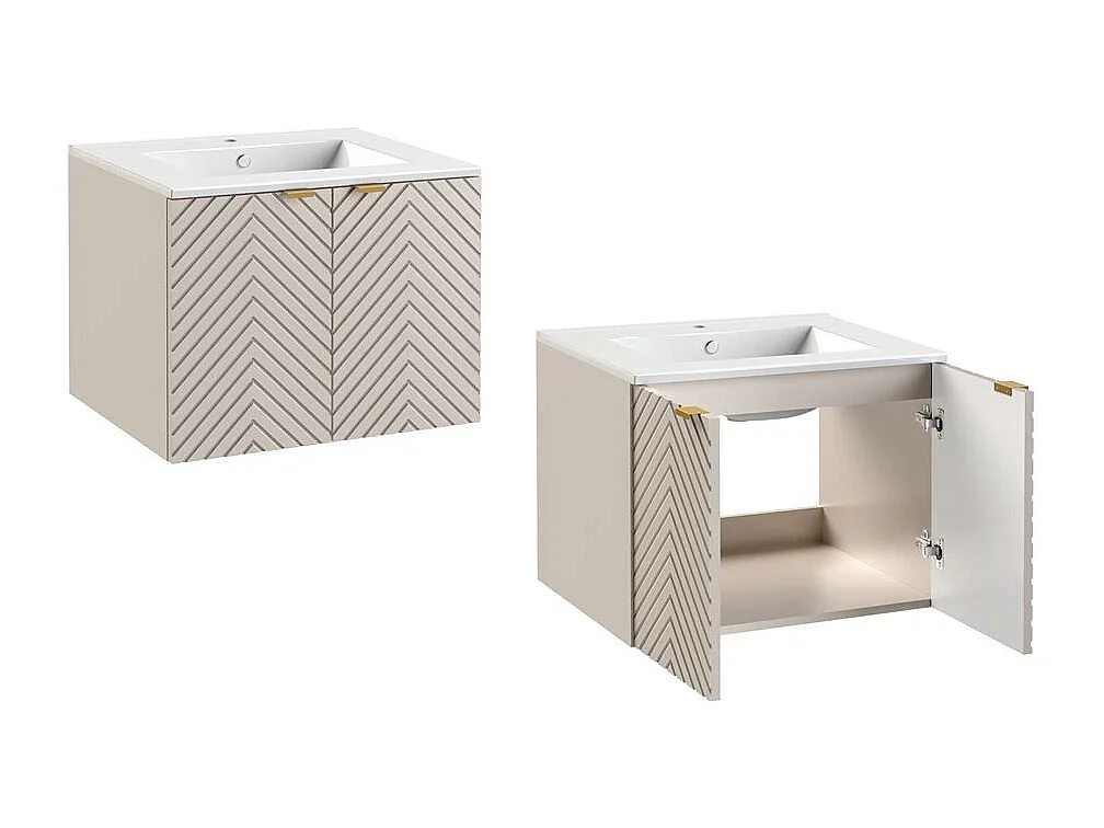 Vanity Sink Unit with Basin 600mm Bathroom Wall Hung Cabinet Fluted Beige Cashmere Modern Cara