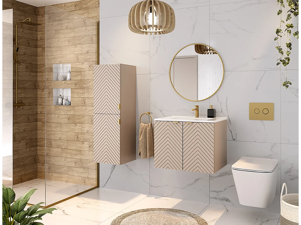 Vanity Sink Unit with Basin 600mm Bathroom Wall Hung Cabinet Fluted Beige Cashmere Modern Cara