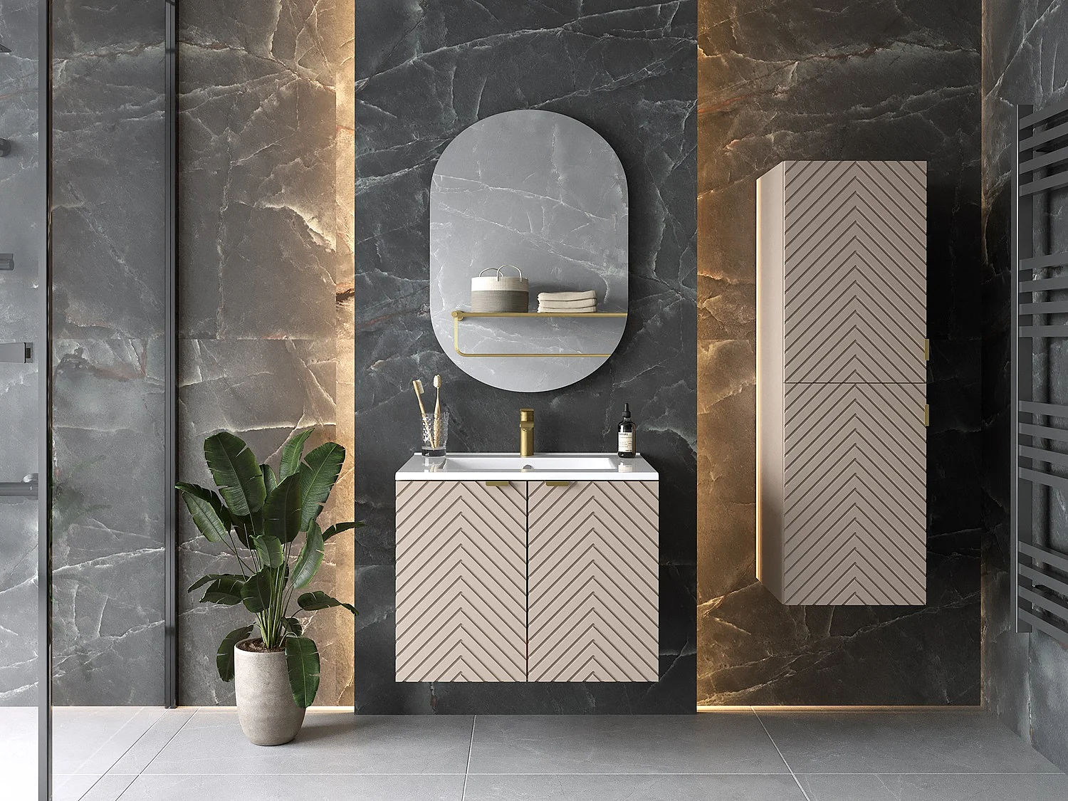 Vanity Sink Unit with Basin 600mm Bathroom Wall Hung Cabinet Fluted Beige Cashmere Modern Cara