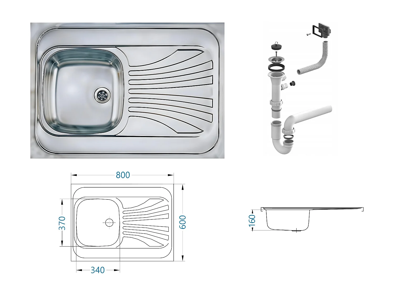 Kitchen Sink Single Bowl Sit On with Drainer Stainless Steel 800 x 600 mm Prima