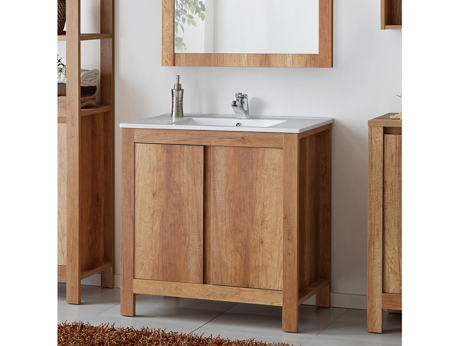 Freestanding Bathroom Vanity Unit 800mm Sink Cabinet with Basin Oak Effect Floor Storage Classic