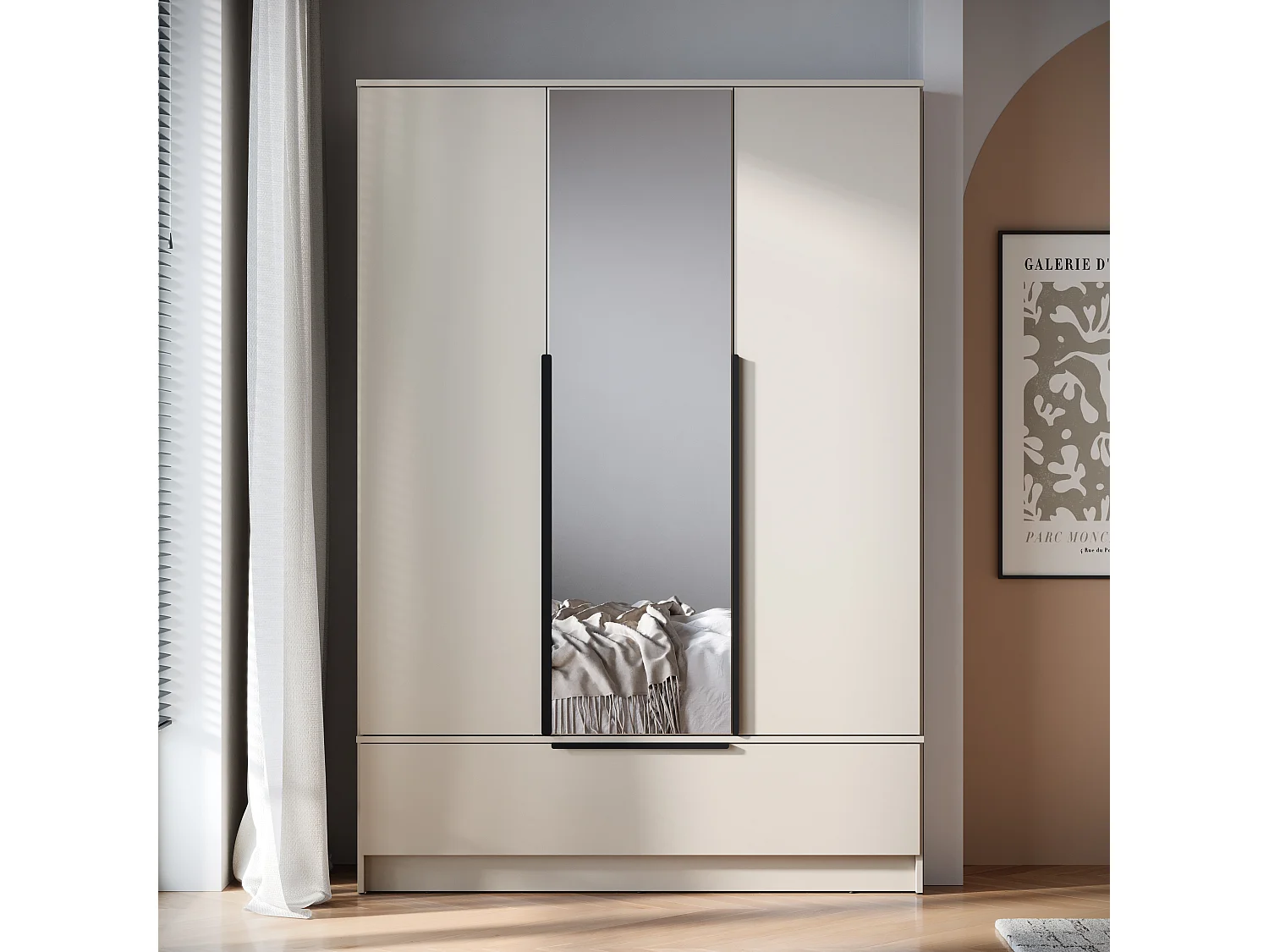 Ruime functionele 3-deurs kast met planken, hangrail en lade
