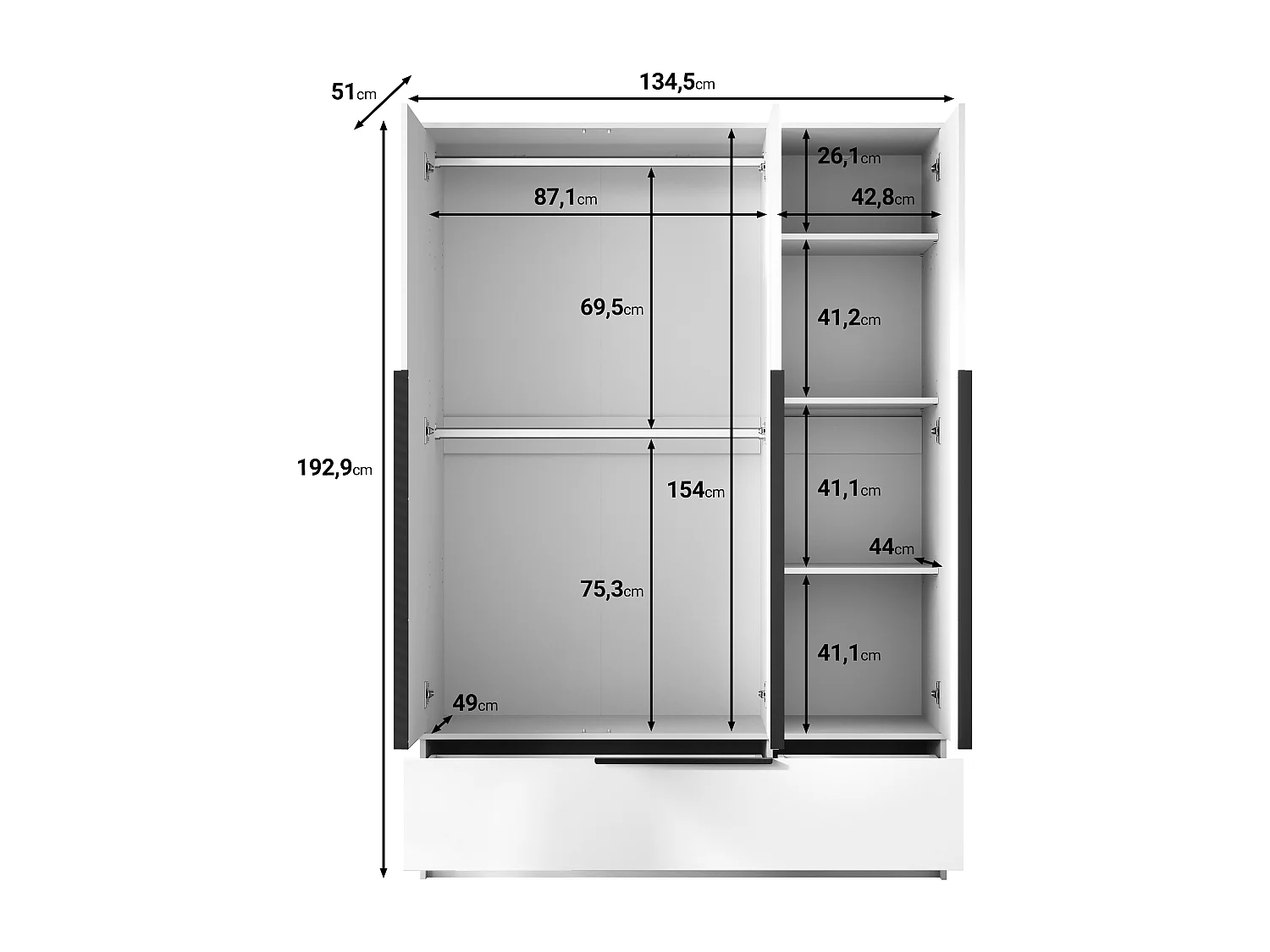 Ruime functionele 3-deurs kast met planken, hangrail en lade