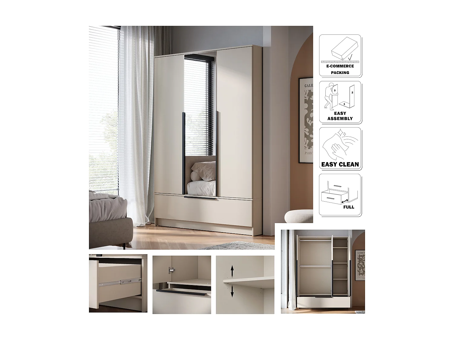 Ruime functionele 3-deurs kast met planken, hangrail en lade